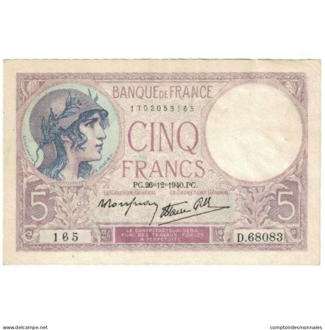 France, 5 Francs, D.68083, TTB, Fayette:4.18, KM:83 - 5 F 1917-1940 ''Violet''