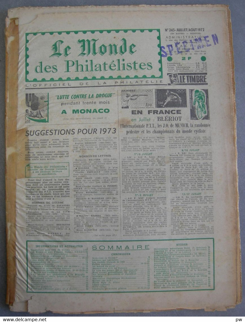 REVUE LE MONDE DES PHILATELISTES Année 1972 (n° 245). - Français (àpd. 1941)