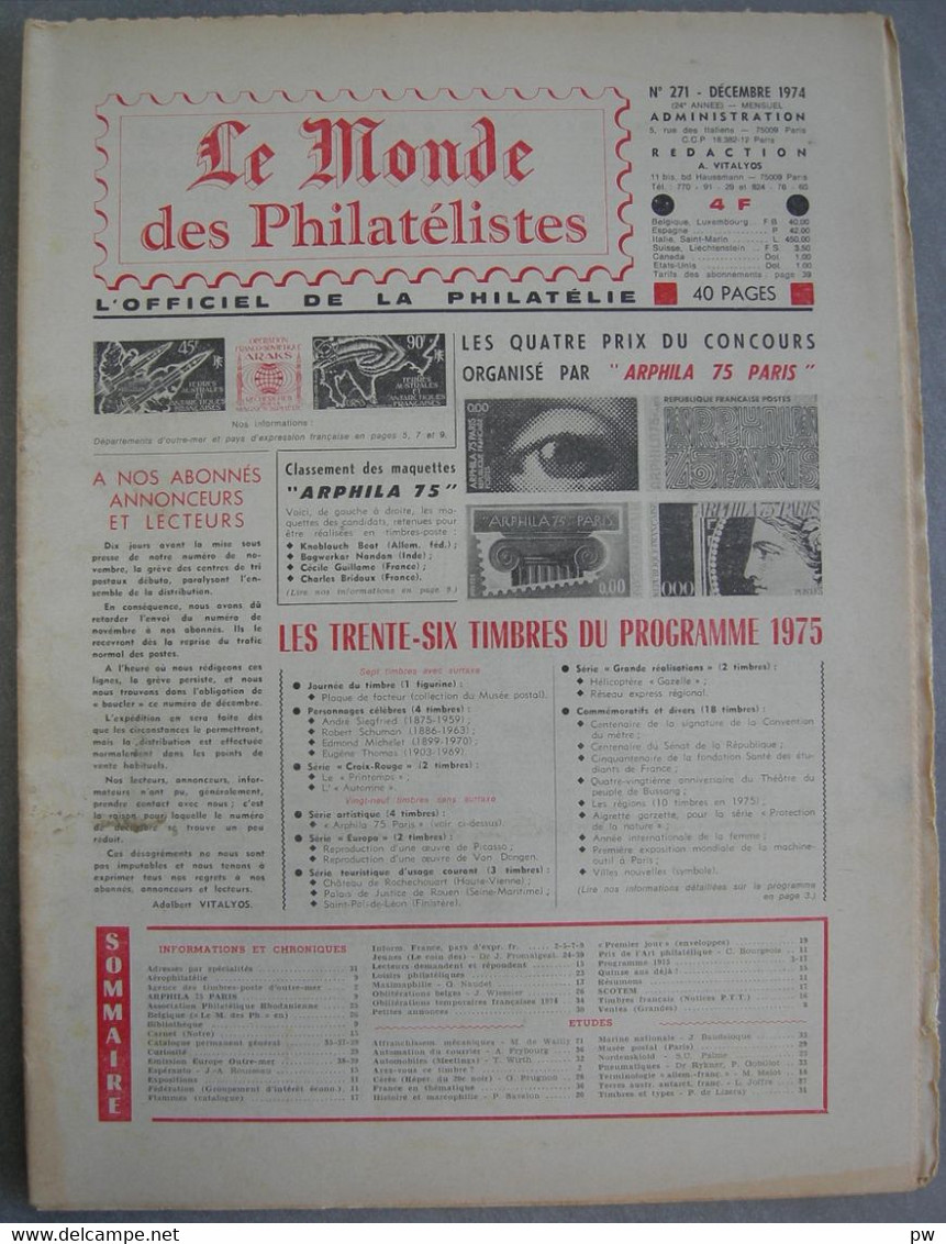 REVUE LE MONDE DES PHILATELISTES Année 1974 (n° 271). - Français (àpd. 1941)