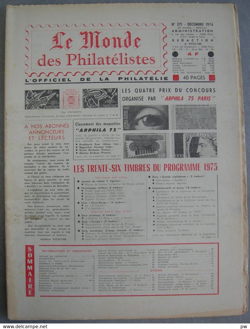 REVUE LE MONDE DES PHILATELISTES Année 1974 (n° 271). - Französisch (ab 1941)