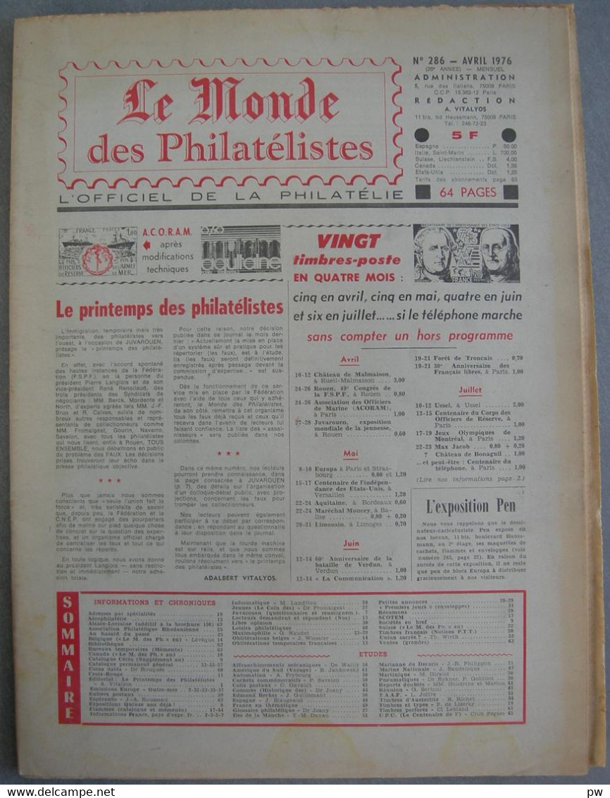 REVUE LE MONDE DES PHILATELISTES Année 1976 (n° 286). - Francesi (dal 1941))