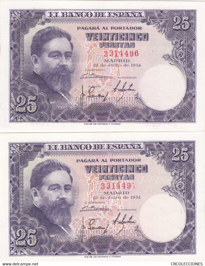 CRBS0627 BILLETES ESPAÑA PAREJA CORRELATIVA 25 PESETAS 1954 SIN SERIE SIN CIRCULAR - 25 Peseten