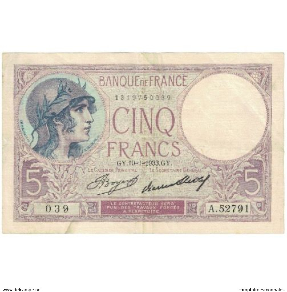 France, 5 Francs, A.52791, TTB, Fayette:3.17, KM:72e - 5 F 1917-1940 ''Violet''