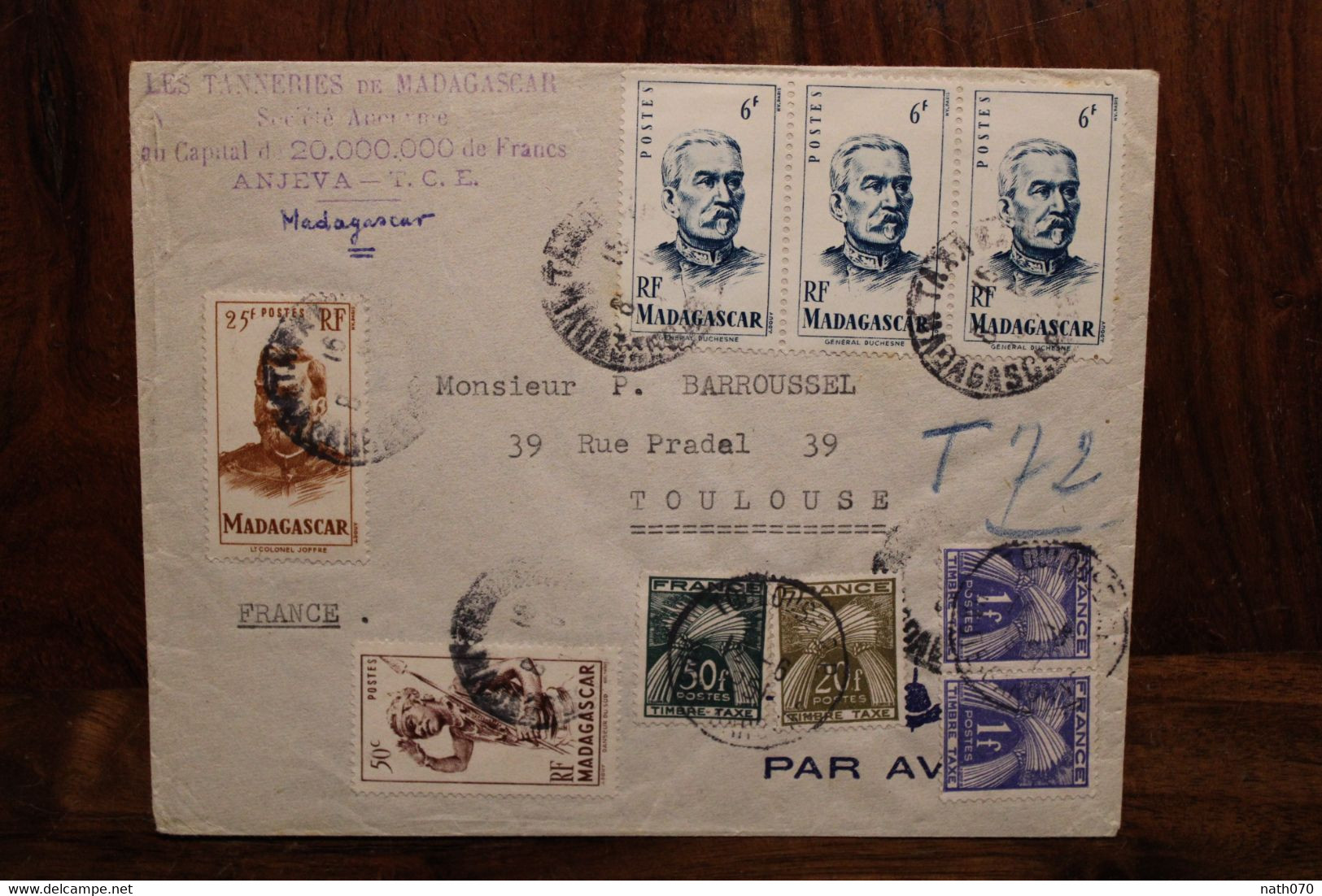 1951 Les Tanneries De Madagascar Toulouse France Cover Taxe 72f ( 50f + 20f + 1f X2) - Briefe U. Dokumente