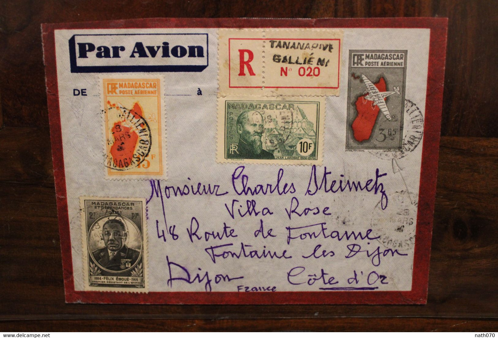 1946 Madagascar France Fontaine Les Dijon Cover Recommandé Registered Reco - Brieven En Documenten