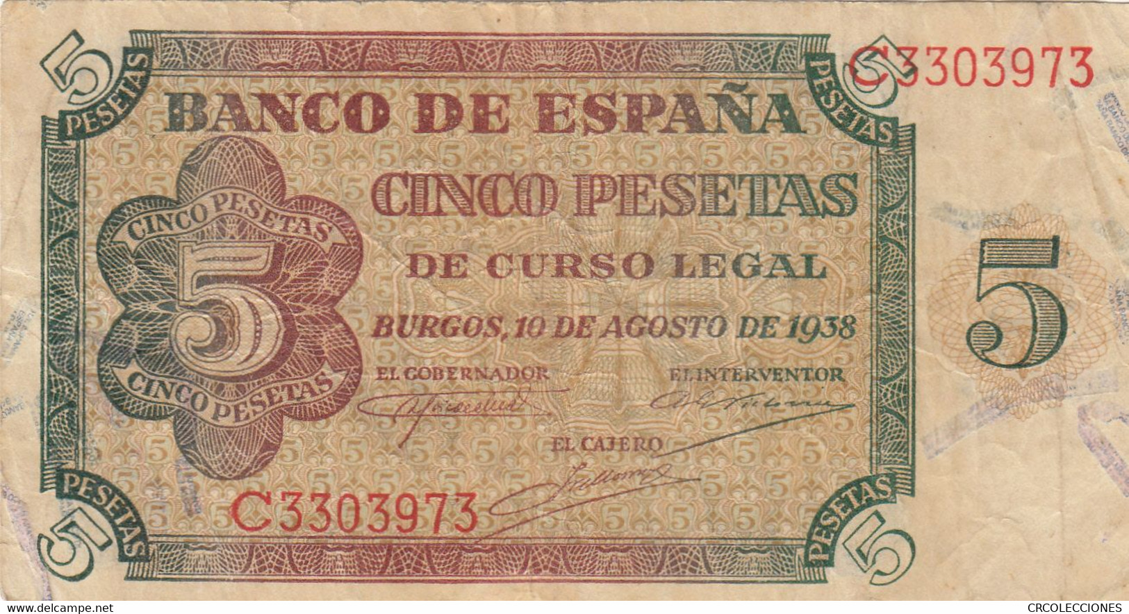 CRBS0454 BILLETE ESPAÑA 5 PESETAS 1938 MBC- - 5 Pesetas