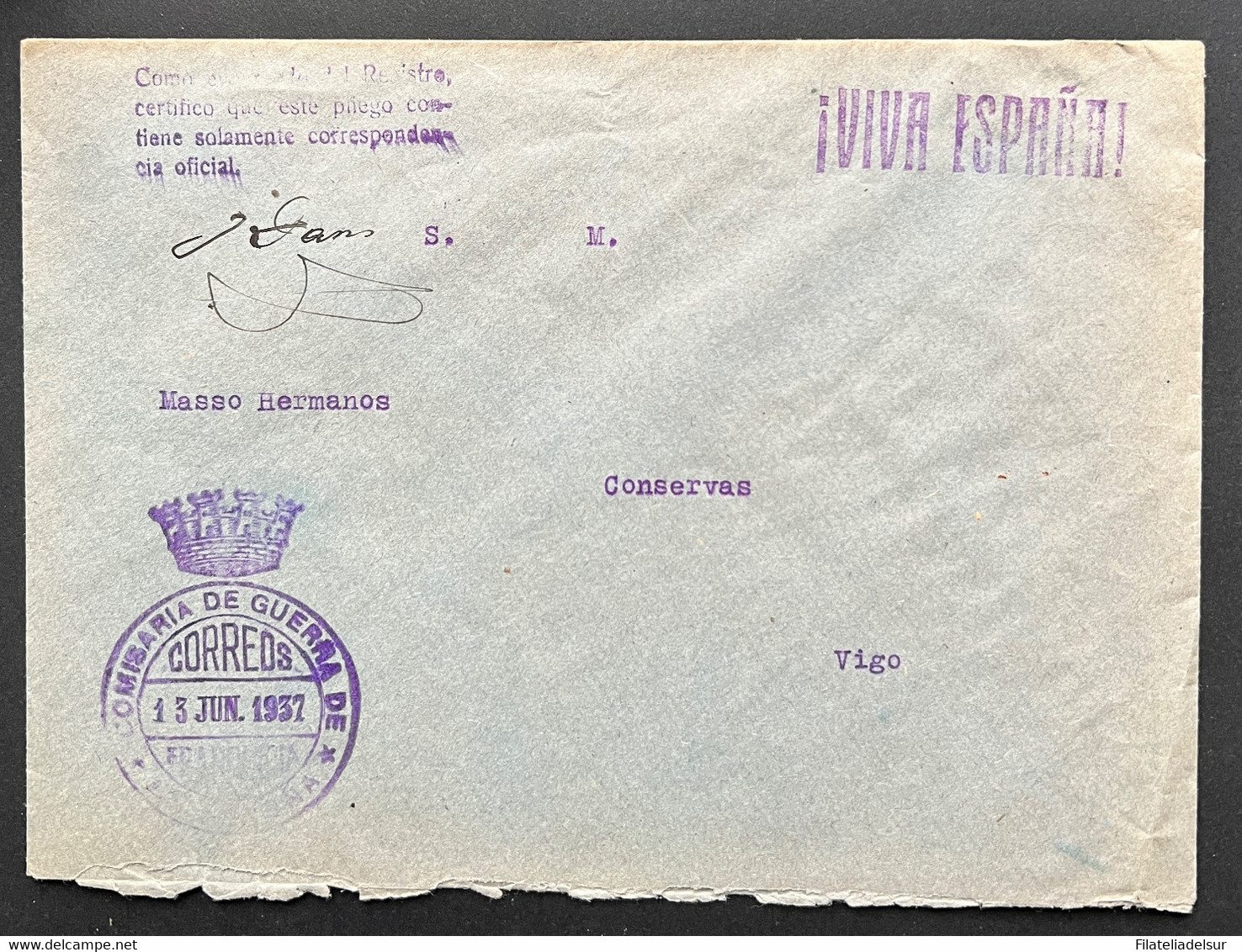 1937 FRANQUICIA COMISARIA DE GUERRA BARCELONA. A VIGO. GUERRA CIVIL - Postage Free