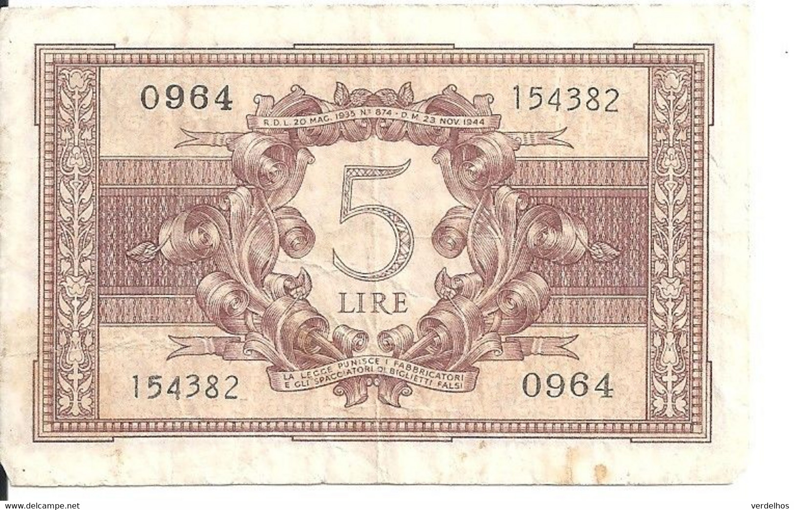 ITALIE 5 LIRE 1944 VF P 31 C - Italië– 5 Lire