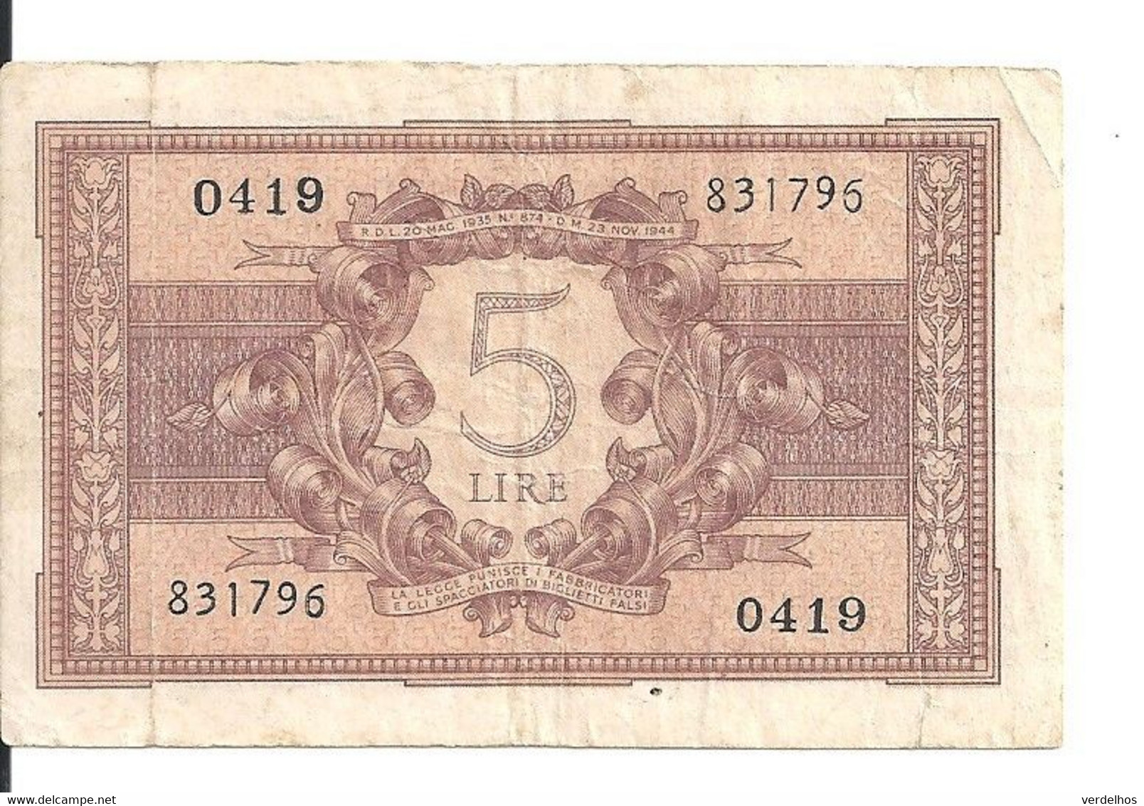 ITALIE 5 LIRE 1944 VF P 31 - Italië– 5 Lire