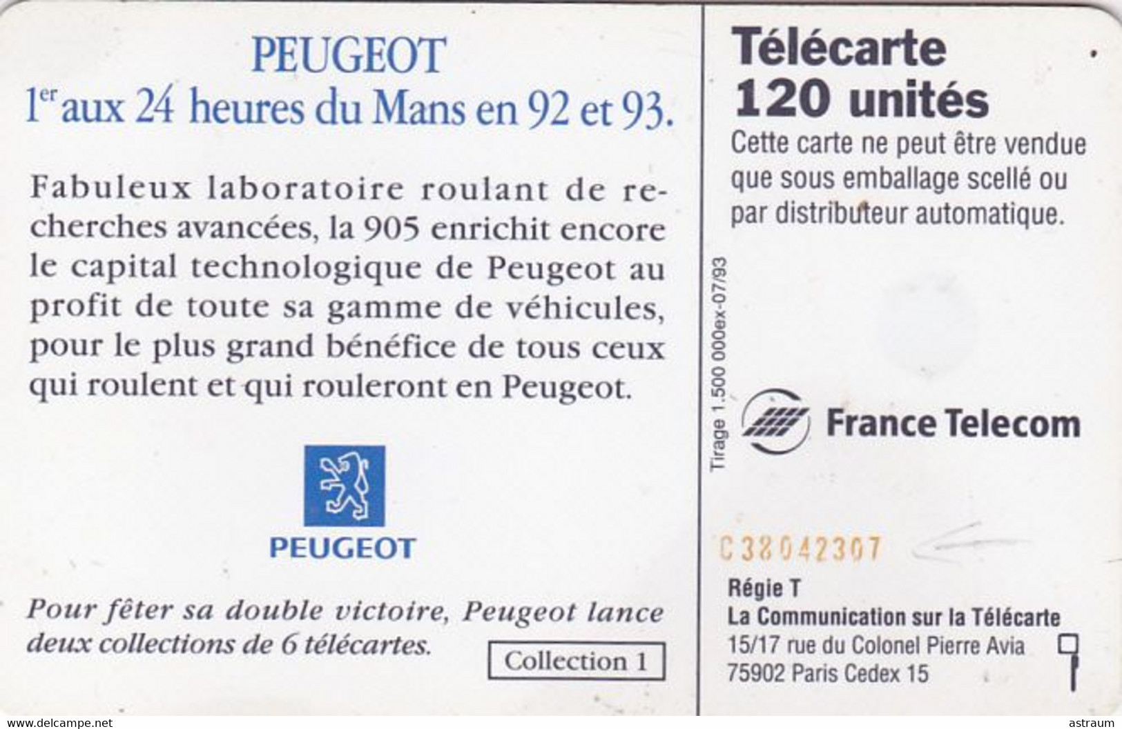 Telecarte Variété - F 398 V1  - Peugeot 24 H Du Mans  - ( N° Décalé Et Rouge ) - Variëteiten