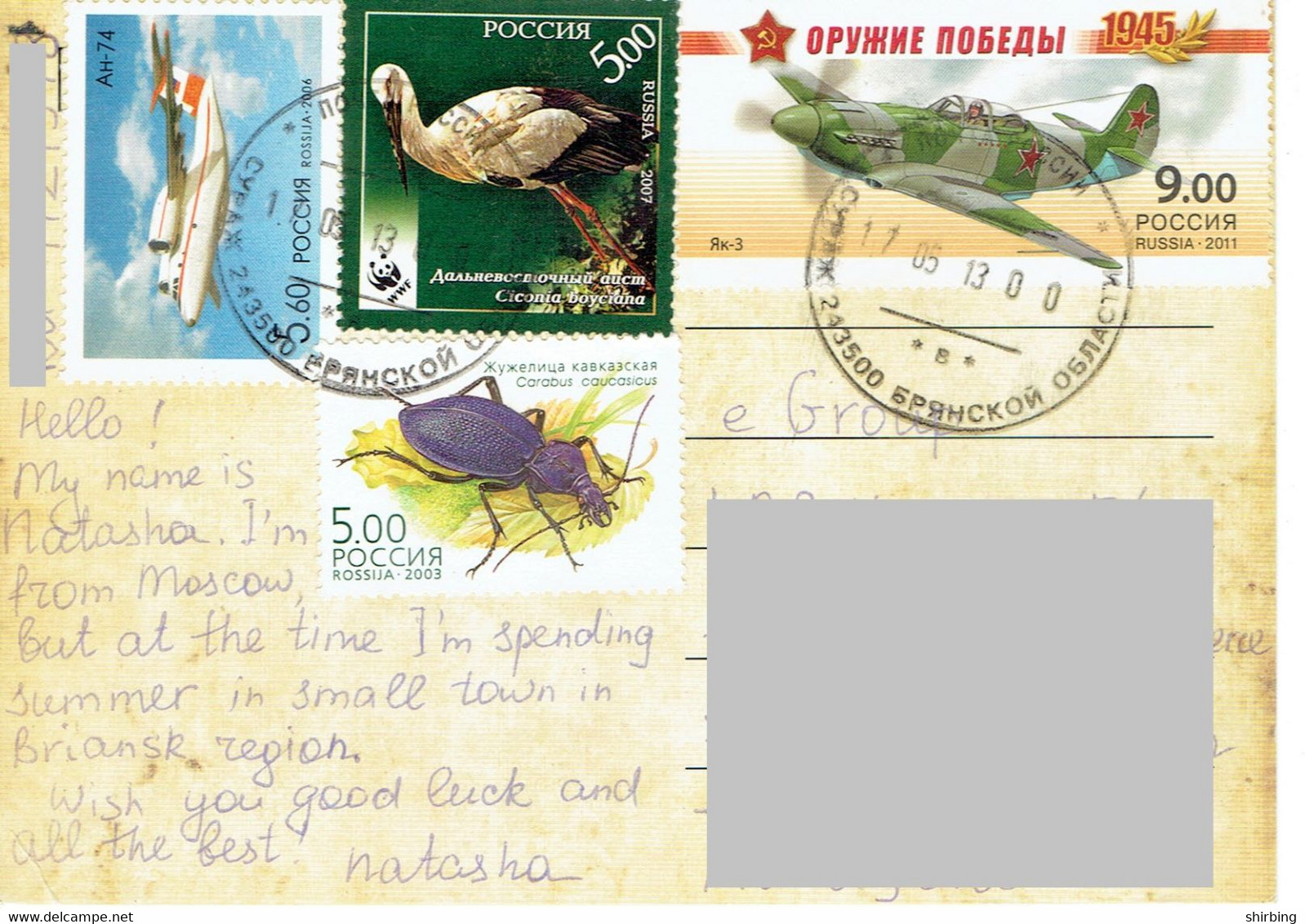 C5 :Russia - Military War Airplane, Stork Bird, Insect, Small Airplane Stamps Used On Postcard - Covers & Documents