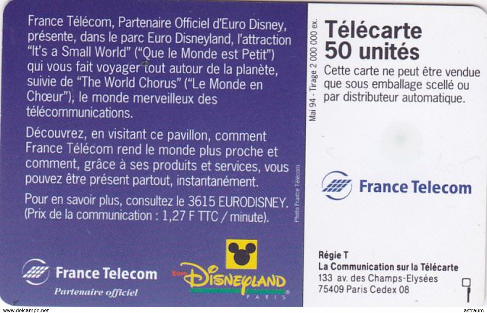 Telecarte Variété - F 468 A - France Telecom , Euro Disney  - ( Pas De N° De Lot ) - Varietà