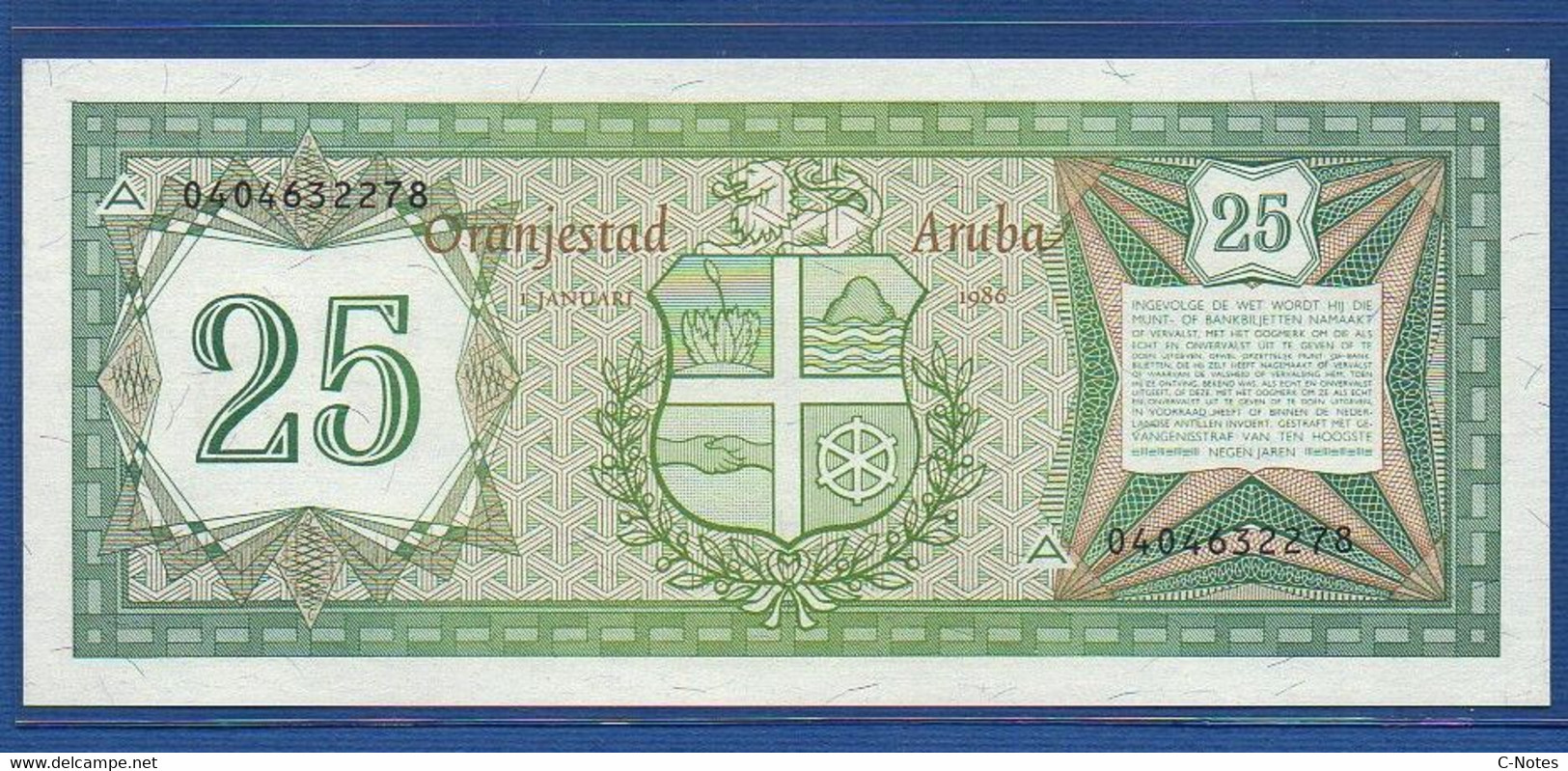 ARUBA - P. 3 – 25 FLORIN 1986 UNC Serie N. 0404632278 - Aruba (1986-...)