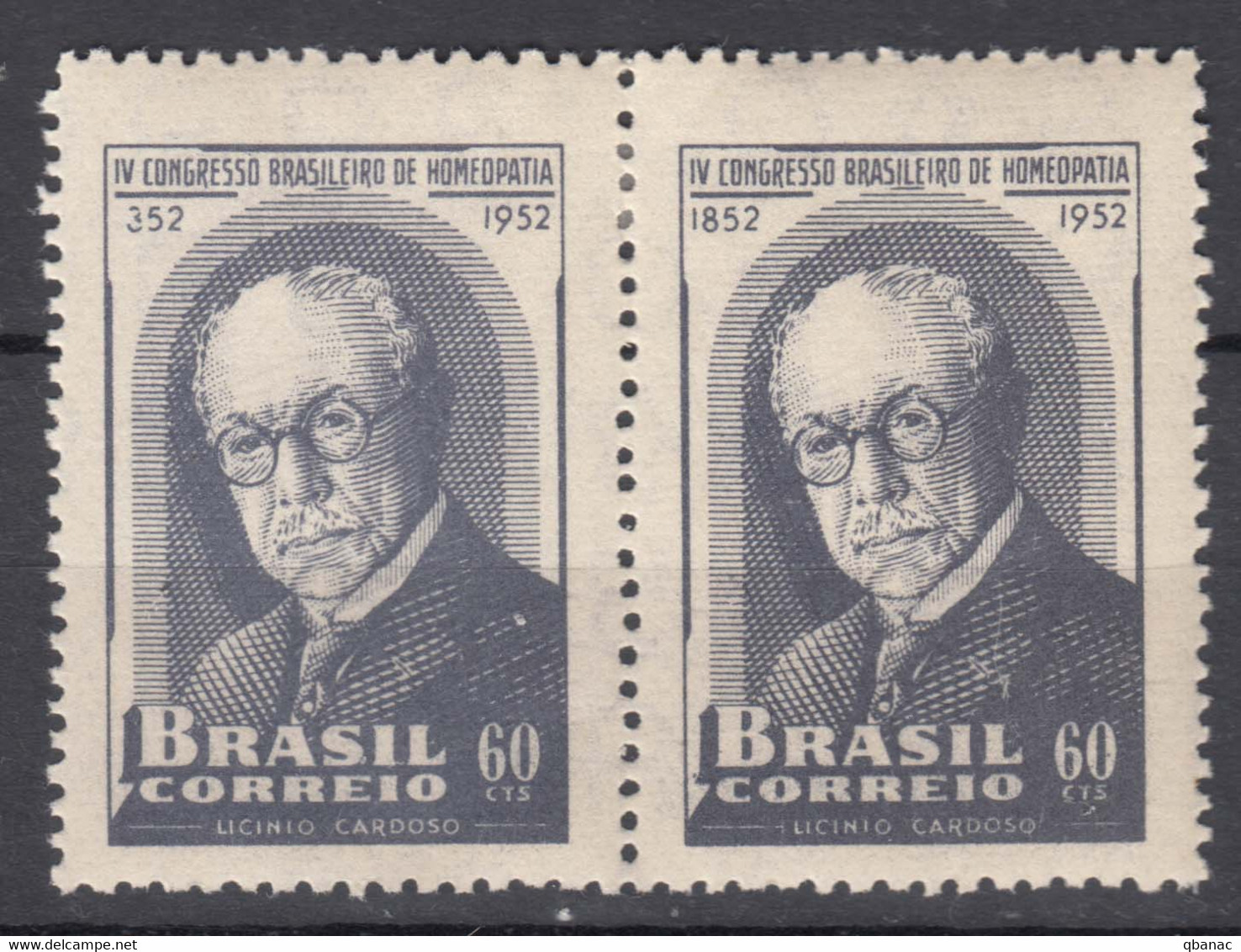 Brazil Brasil 1952 Mi#780 Mint Hinged Pair, Error Print On First Stamp - 352 Instead Of 1852 - Ungebraucht