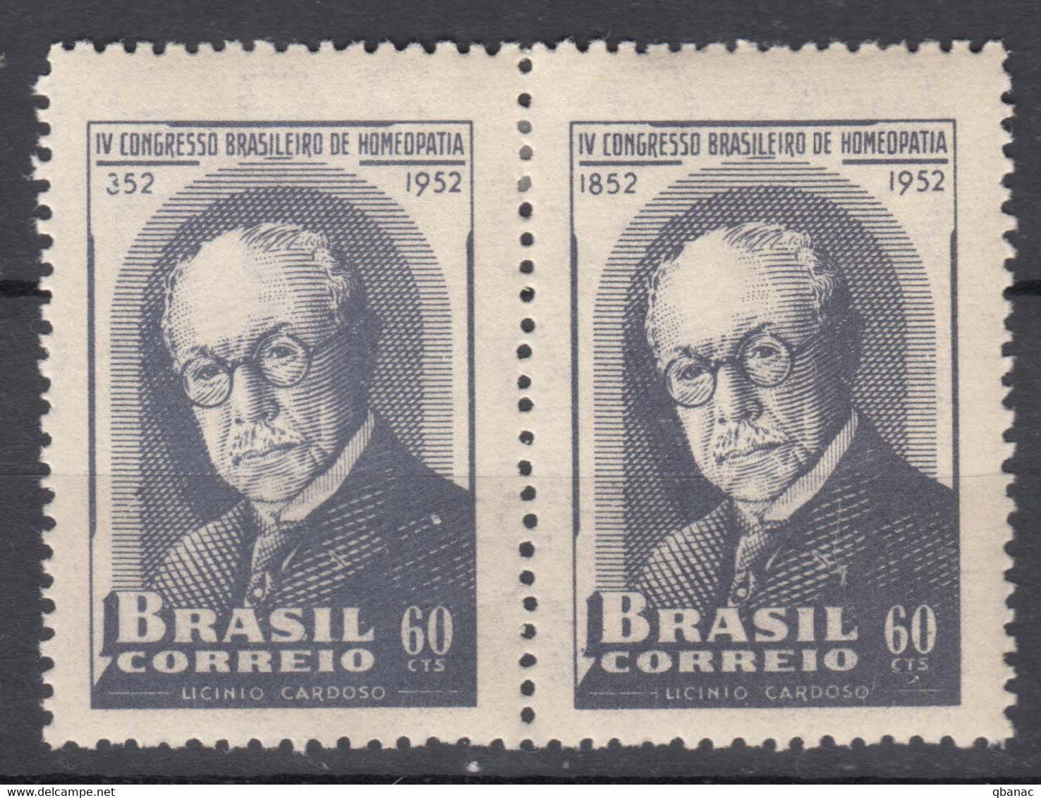 Brazil Brasil 1952 Mi#780 Mint Hinged Pair, Error Print On First Stamp - 352 Instead Of 1852 - Neufs