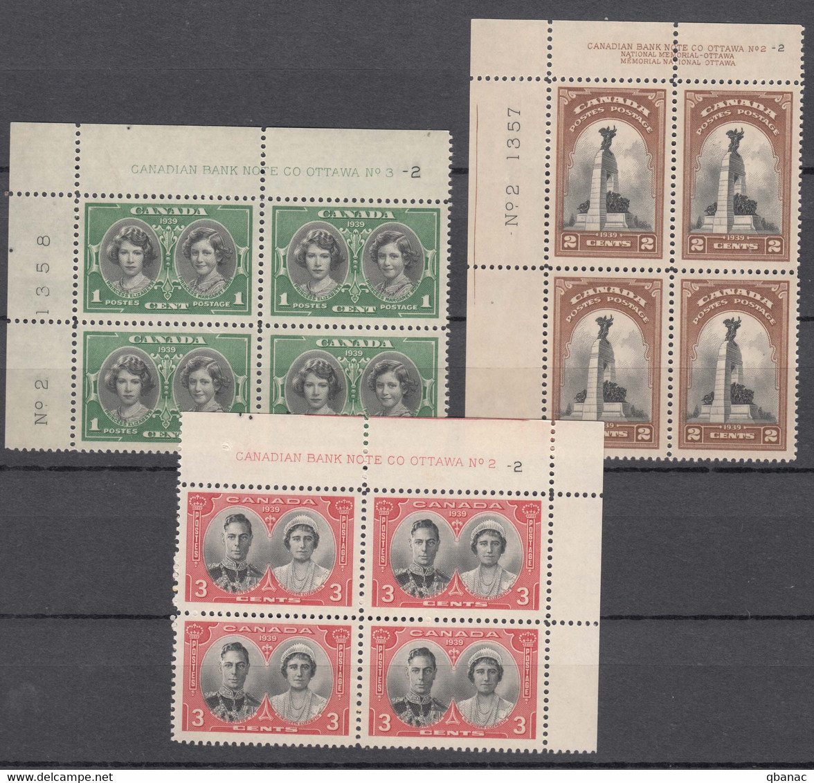 Canada 1939 Mi#213-215 Mint Never Hinged Pieces Of 4 - Unused Stamps
