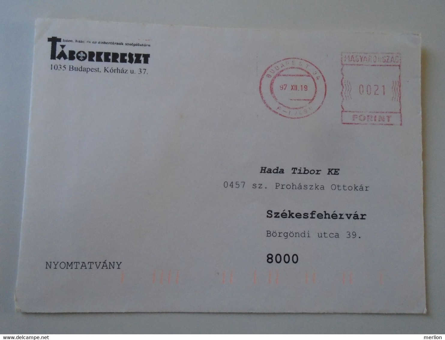 D193852 Hungary Cover -EMA Red Meter Freistempel  1997  -Budapest- Táborkereszt - Viñetas De Franqueo [ATM]