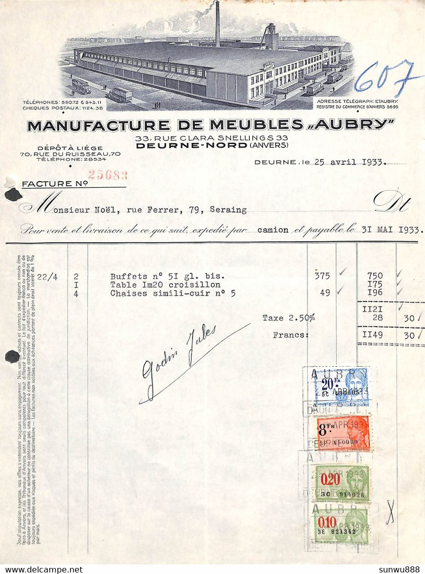 Deurne - Manufacture De Meubles Aubry 1933 (illustrée Timbres) - 1900 – 1949