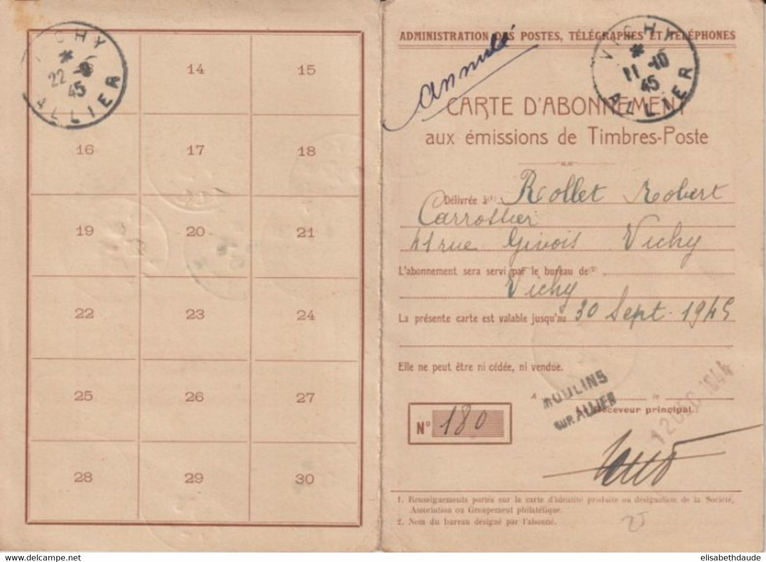 1944 - YVERT 611 PAIRE Sur CARTE ABONNEMENT PTT De VICHY - Briefe U. Dokumente