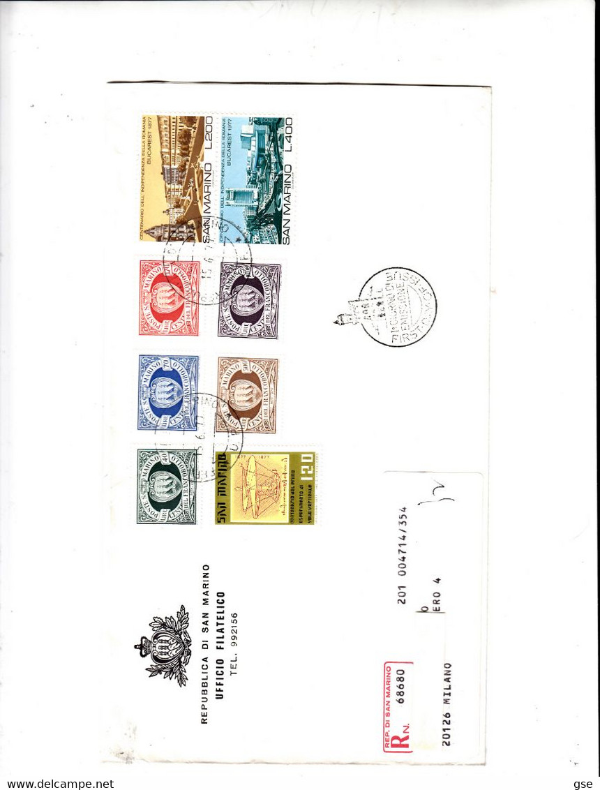 SAN MARINO  1977 -  Raccomandata - Sassone  986/99 -  Atemmi - Bucarest Volo Verticale - Storia Postale