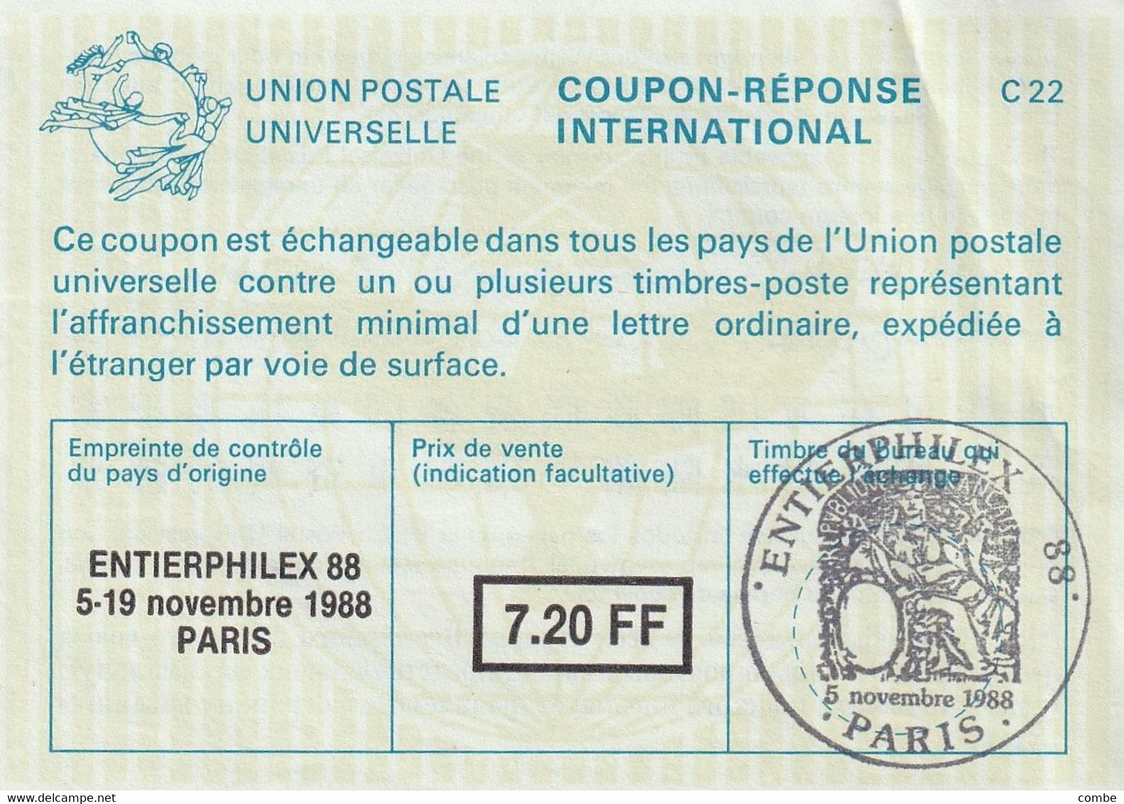 COUPON-REPONSE INTERNATIONAL. INTERNATIONAL REPLY. ENTIERPHILEX 88 PARIS. 7.20FF - Reply Coupons