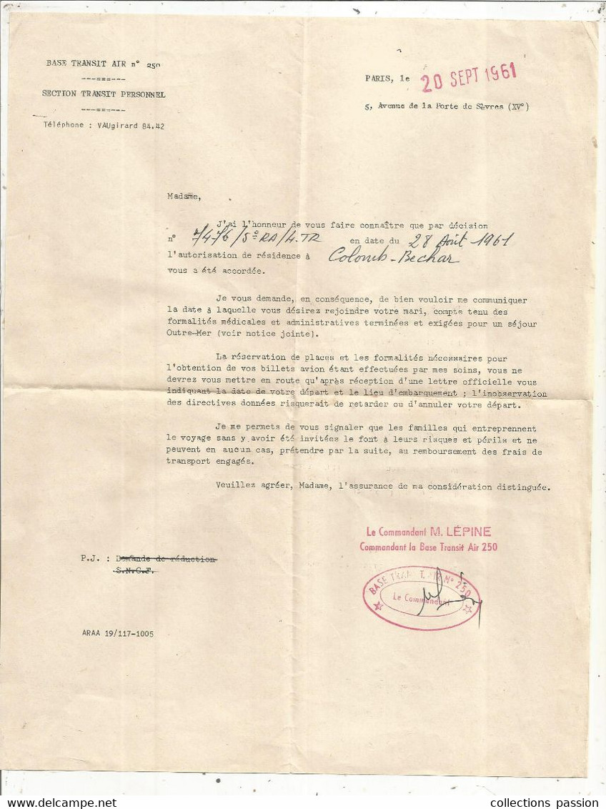 Autorisation De Résidence à COLOMB-BECHAR, Algérie,1961, Militaria, BASE TRANSIT N° 250, Frais Fr 1.85 E - Ohne Zuordnung