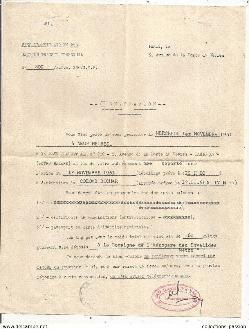 CONVOCATION Pour Embarquement Pour COLOMB-BECHAR, Algérie,1961, Militaria, BASE TRANSIT N° 250, 3 Scans, Frais Fr 1.85 E - Ohne Zuordnung