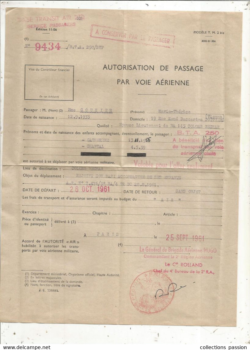 Autorisation De Passage Par Voie Aérienne ,épouse De Lieutenant, Militaria, Base Transit Air,  Frais Fr 1.85 E - Ohne Zuordnung