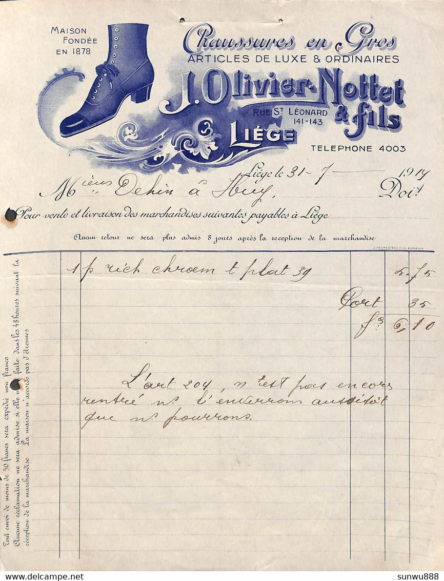 Liège Chaussures En Gros Maison J Olivier Nottet 1914 (illustrée Bleu) - Ambachten