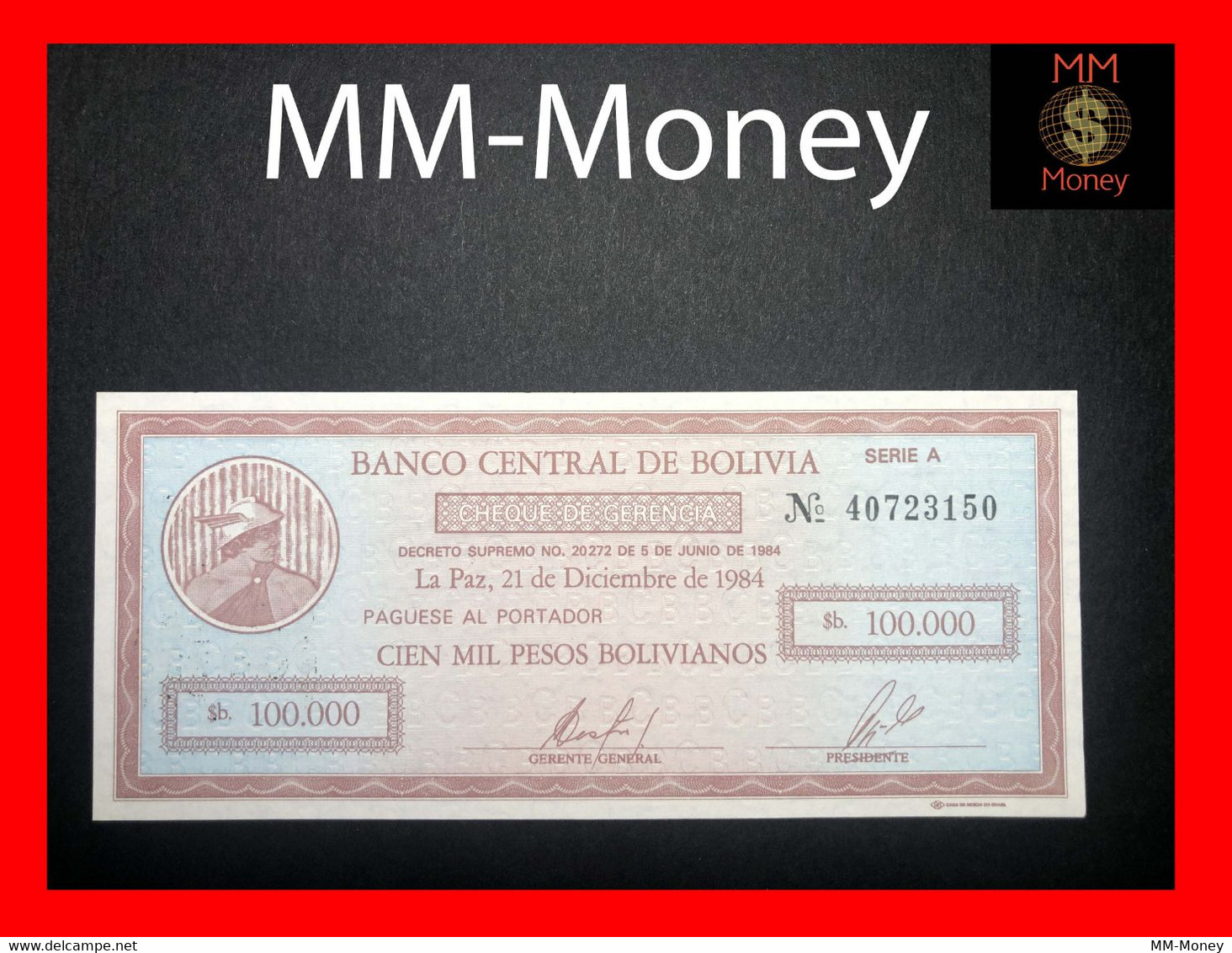 BOLIVIA 10 Cents \ 100.000  100000 Pesos B.os  1987  P. 197   UNC - Bolivie