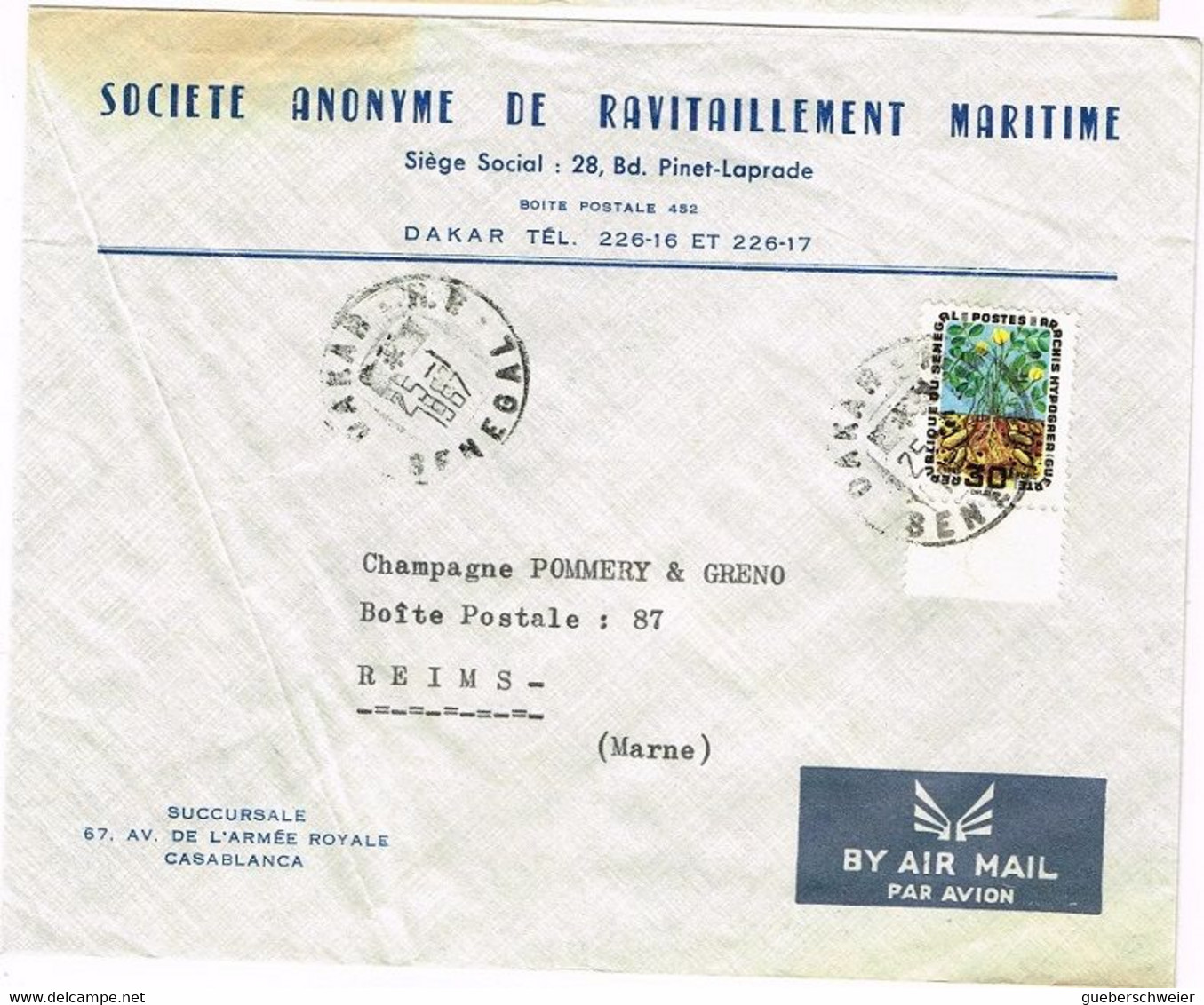 LA 189 - SENEGAL N° 265 Fleurs D'arachides Sur Lettre Par Avion Pour Les Champagnes Pommery à Reims 1967 - Sénégal (1960-...)