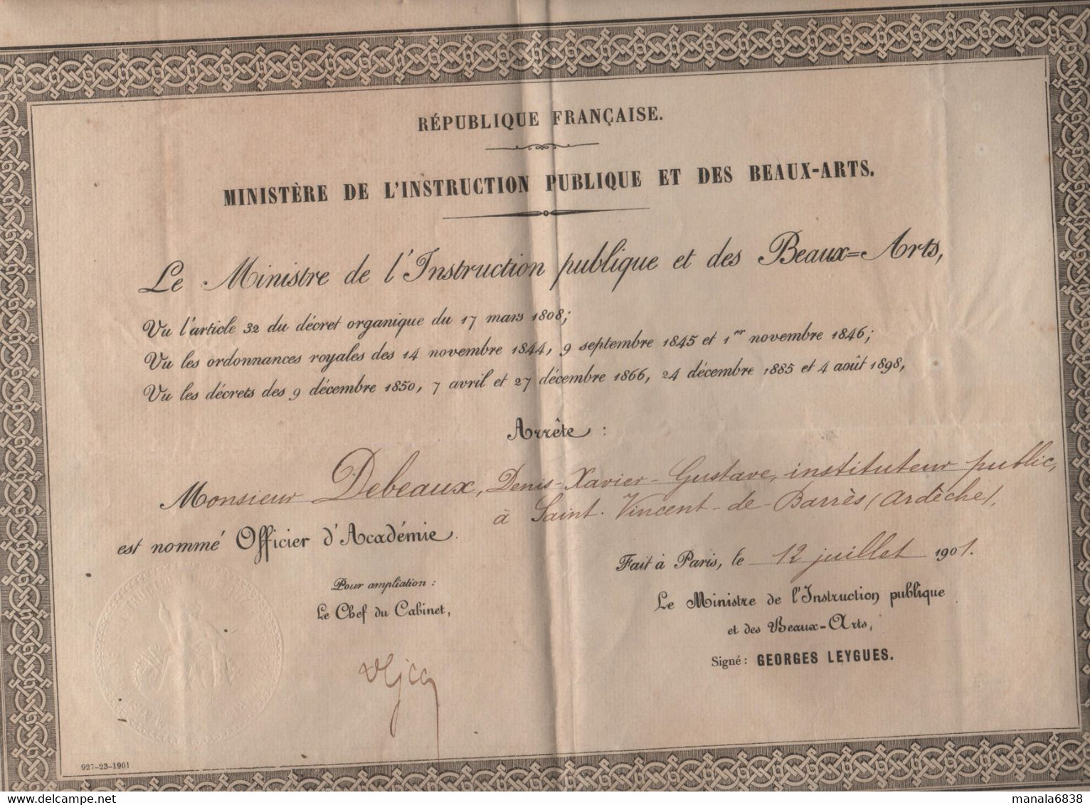 Debeaux Instituteur Saint Vincent De Barrès 1901 Leygues - Diplômes & Bulletins Scolaires