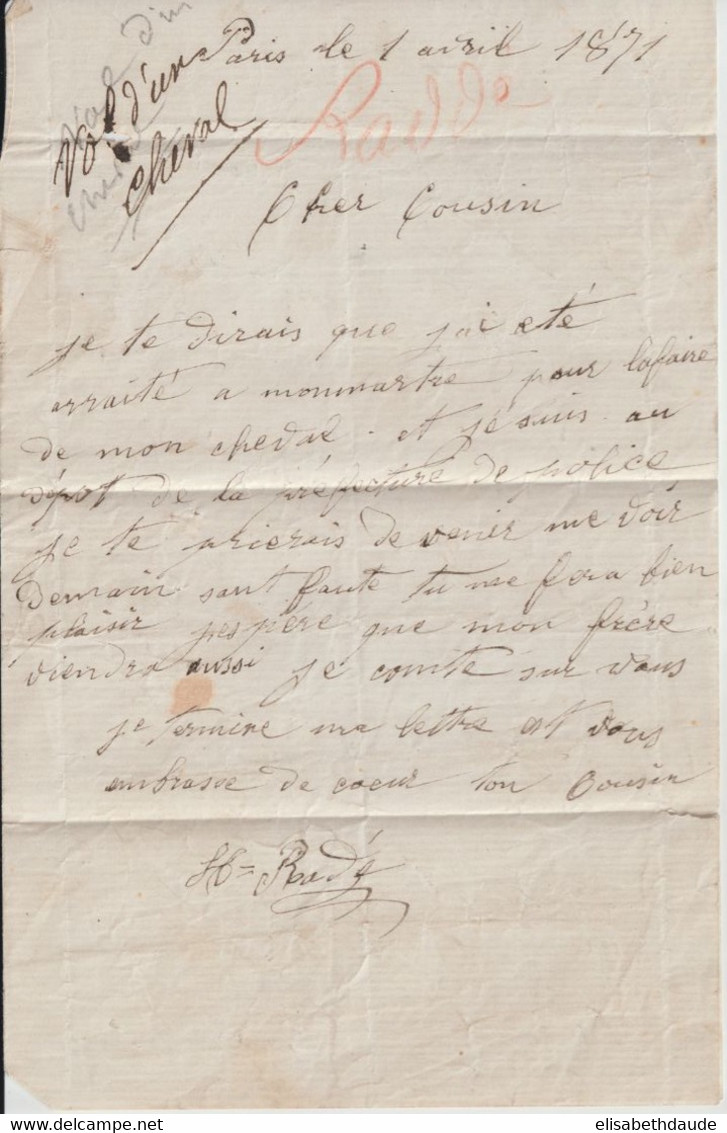 1871 - COMMUNE DE PARIS ! PRISONNIER DEPOT De La PREFECTURE ! LETTRE Avec TEXTE (VOL DE CHEVAL) ! CACHET DATEUR TAXE 15c - War 1870