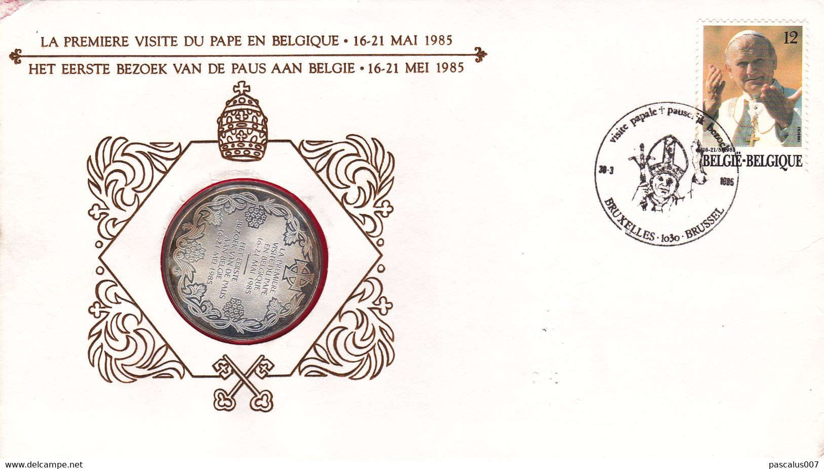 B01-412 Numisletter Pièce argent de 30gr FDC 1ère visite Papale Pape Jean-Paul II 30-03-1985 Bruxelles 1030 Brussel