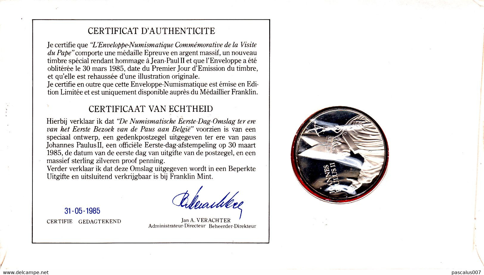 B01-412 Numisletter Pièce argent de 30gr FDC 1ère visite Papale Pape Jean-Paul II 30-03-1985 Bruxelles 1030 Brussel