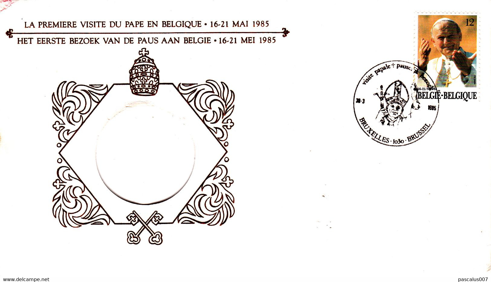 B01-412 Numisletter Pièce argent de 30gr FDC 1ère visite Papale Pape Jean-Paul II 30-03-1985 Bruxelles 1030 Brussel