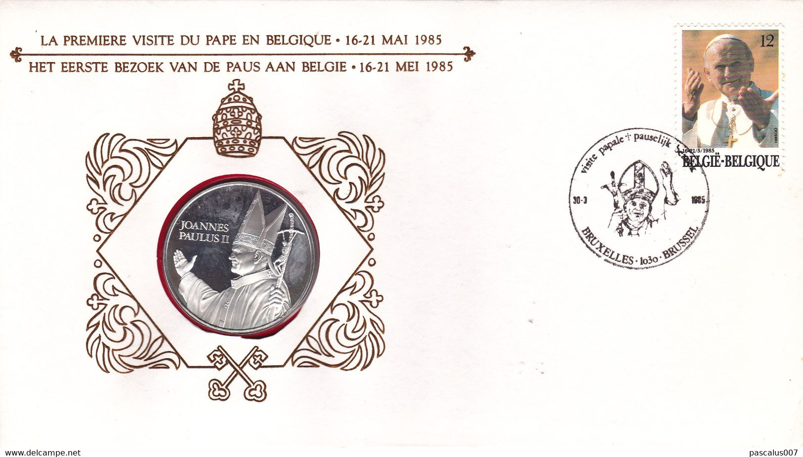 B01-412 Numisletter Pièce Argent De 30gr FDC 1ère Visite Papale Pape Jean-Paul II 30-03-1985 Bruxelles 1030 Brussel - Numisletters