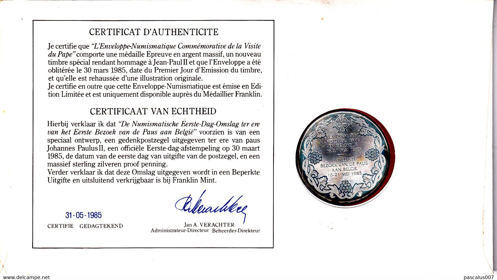 B01-412 Numisletter Pièce argent de 30gr FDC 1ère visite Papale Pape Jean-Paul II 30-03-1985 Bruxelles 1030 Brussel