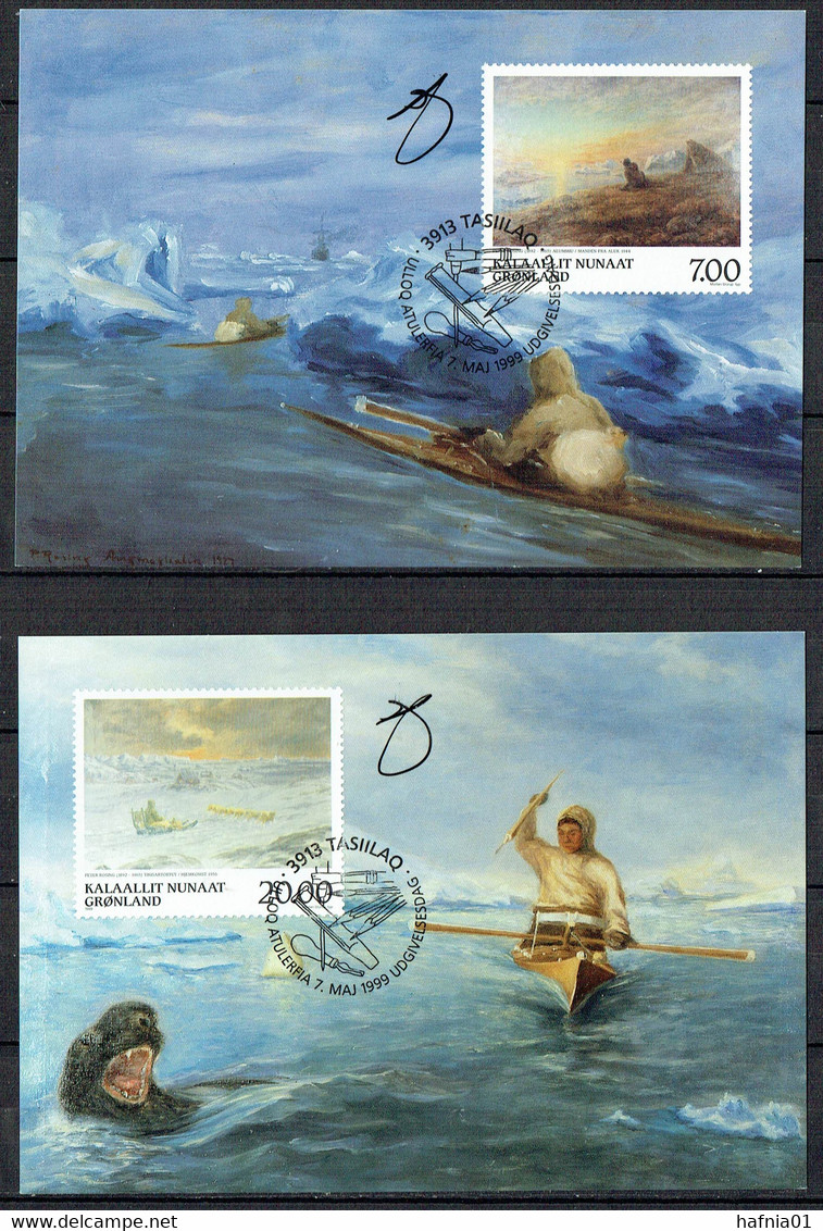 Greenland 1999. Paintings. Michel 336 - 337 Maxi Cards. Signed. - Maximumkaarten