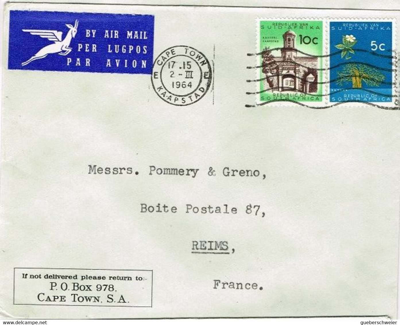 LA 198/4 - AFRIQUE DU SUD N° 254 + 256 Sur Lettre Par Avion Pour Les Champagnes Pommery à Reims - Storia Postale