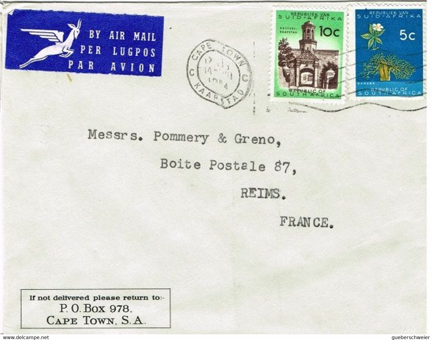 LA 198/5 - AFRIQUE DU SUD N° 254 + 256 Sur Lettre Par Avion Pour Les Champagnes Pommery à Reims - Lettres & Documents