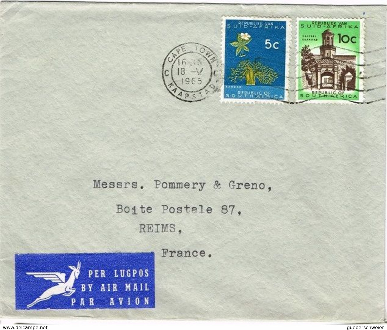 LA 198/8 - AFRIQUE DU SUD N° 254 + 256 Sur Lettre Par Avion Pour Les Champagnes Pommery à Reims - Lettres & Documents