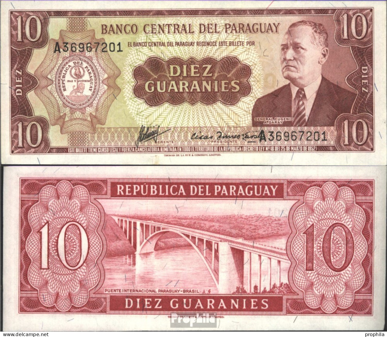 Paraguay Pick-Nr: 196b Bankfrisch 1952 10 Guaranies - Paraguay