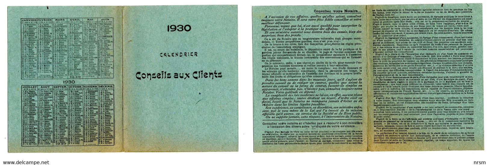 Calendrier 1930 - Notaire / Conseils Aux Clients - Petit Format : ...-1900