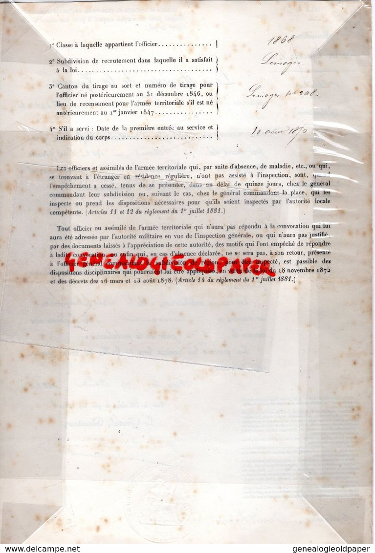 78-VERSAILLES-87-LIMOGES- MINISTERE GUERRE PARIS 1877- JEAN BAPTISTE PRUDHOMME LIEUTENANT GARDE NATIONALE-89 ET 14 RI- - Historische Dokumente