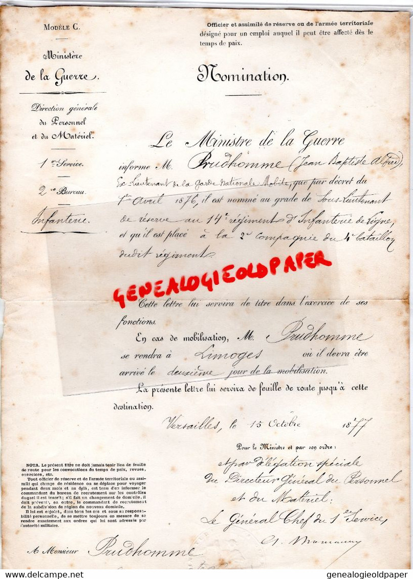 78-VERSAILLES-87-LIMOGES- MINISTERE GUERRE PARIS 1877- JEAN BAPTISTE PRUDHOMME LIEUTENANT GARDE NATIONALE-89 ET 14 RI- - Historische Dokumente