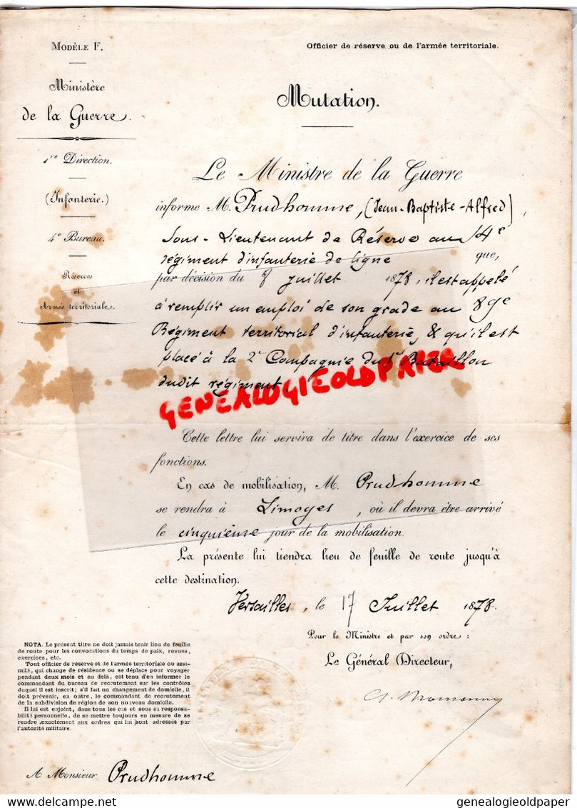 78-VERSAILLES-87-LIMOGES- MINISTERE GUERRE PARIS 1877- JEAN BAPTISTE PRUDHOMME LIEUTENANT GARDE NATIONALE-89 ET 14 RI- - Historische Dokumente