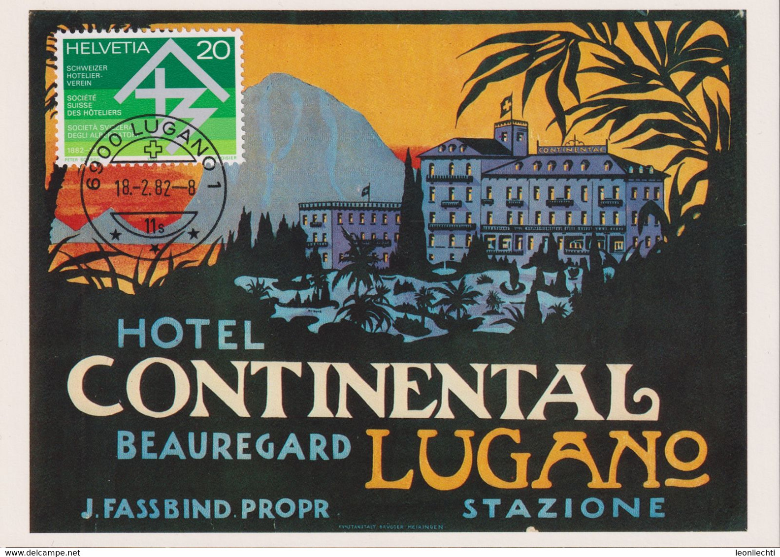 1982 Plakat Für Hotel Continental Lugano Ca. 1915 ( Privatsammlung ) (Hotel 7/82)  Mi:CH 1226 / Zum:CH 663 - Hotels & Restaurants