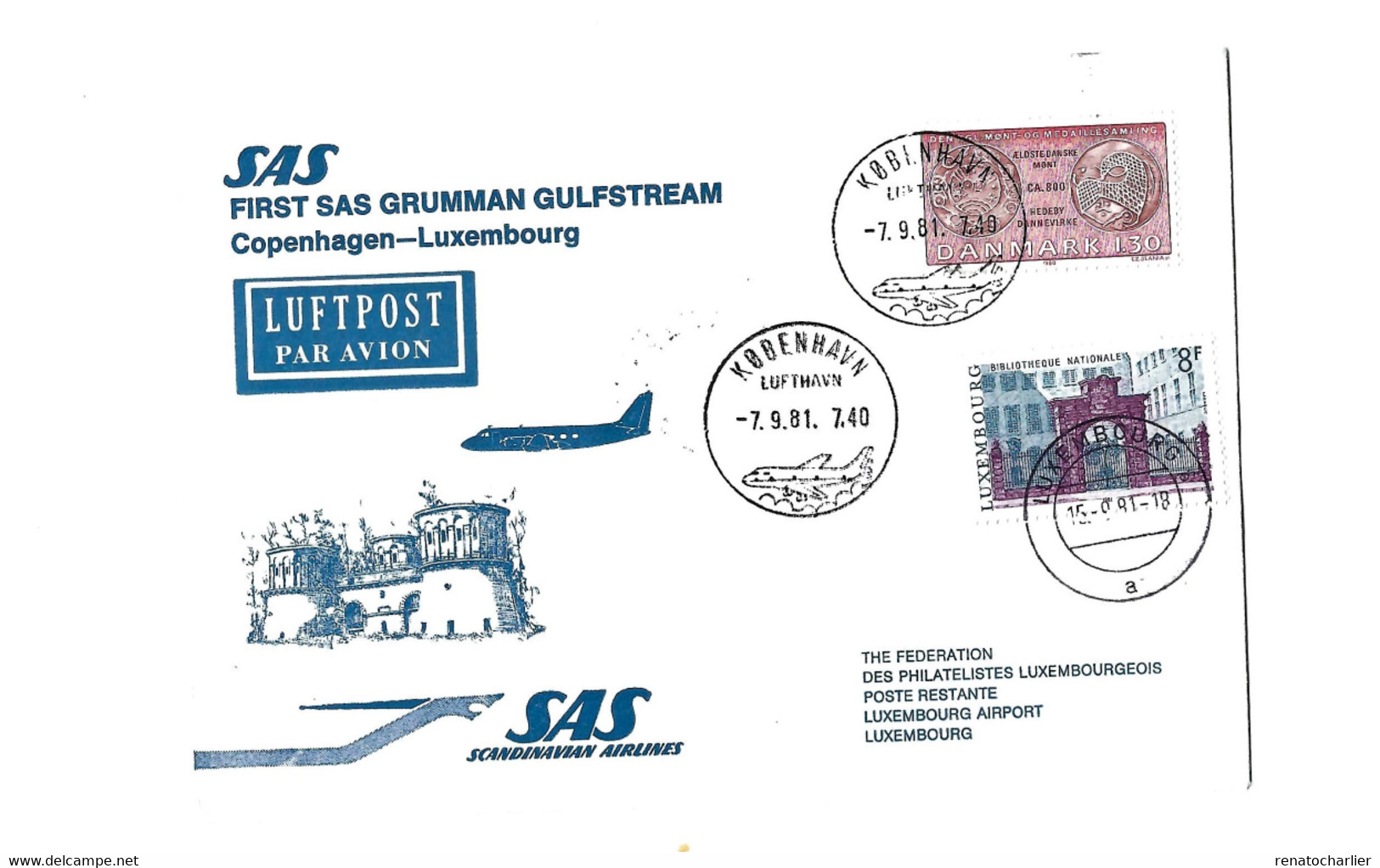 First SAS Grumman Gulfstream Copenhagen-Luxembourg.1981. - Airmail