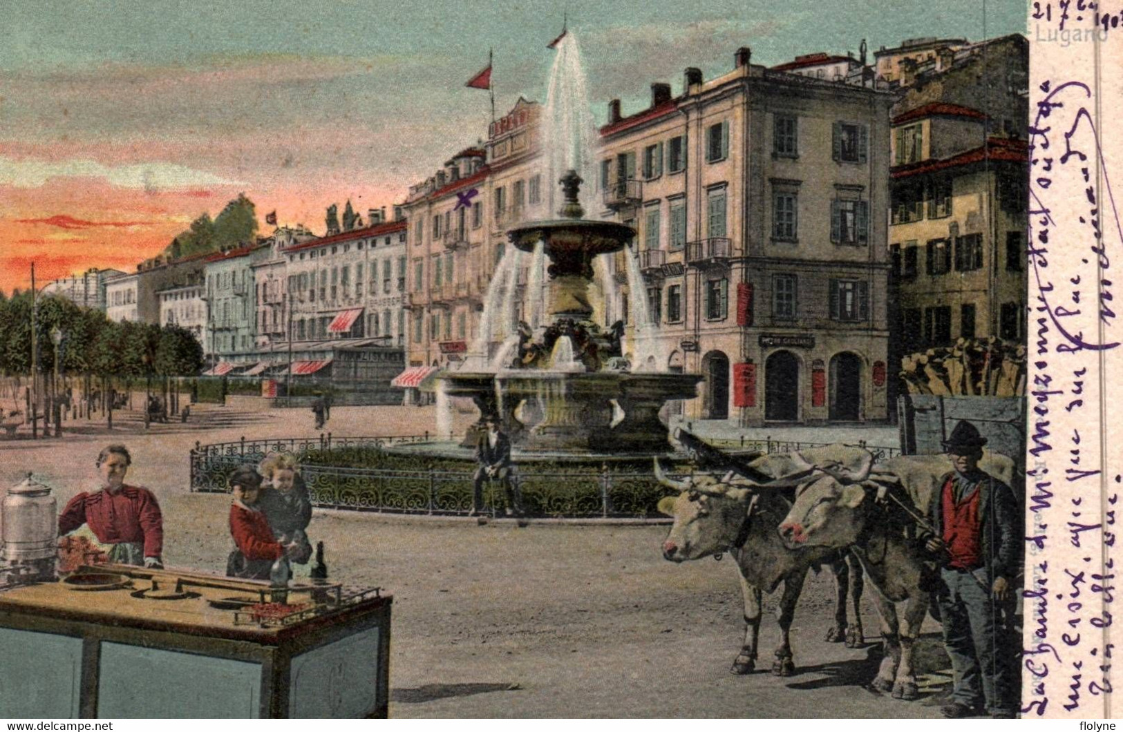 Lugano - Place De La Ville - Attelage De Boeufs - Marchande - Cachet Hôtel Garni WALTER - 1903 - Suisse Switzerland - Lugano